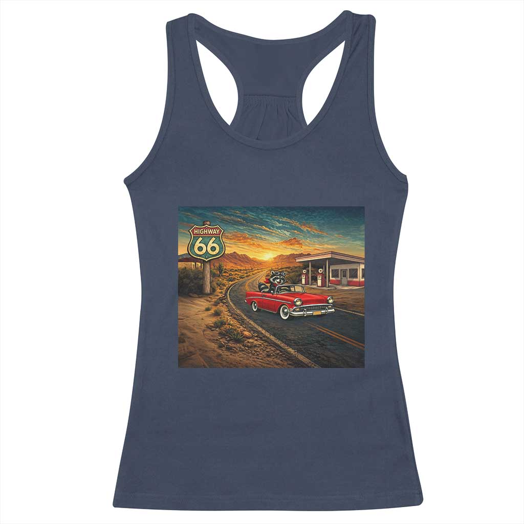 Route Highway 66 Raccoon Racerback Tank Top Americana Road Trip