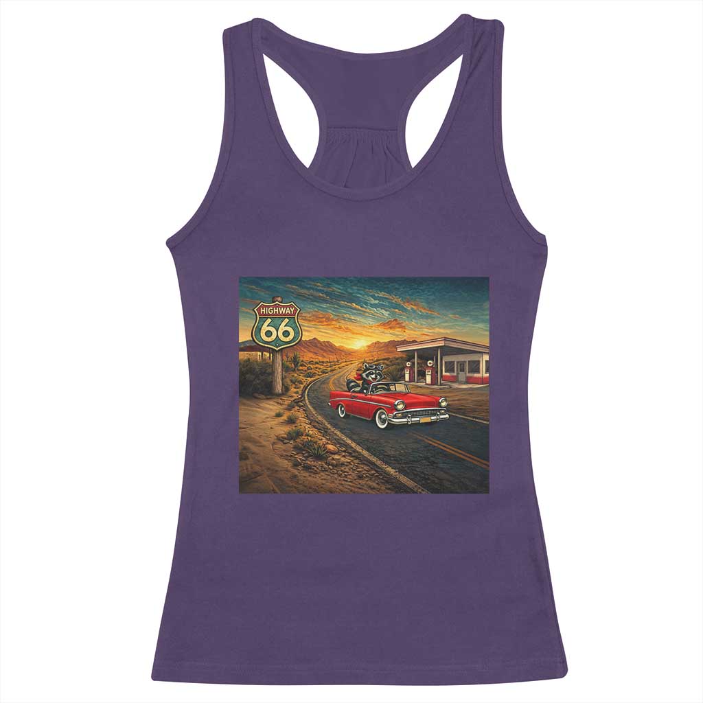 Route Highway 66 Raccoon Racerback Tank Top Americana Road Trip