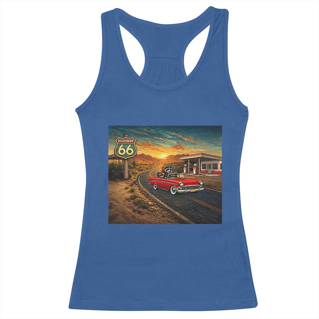 Route Highway 66 Raccoon Racerback Tank Top Americana Road Trip