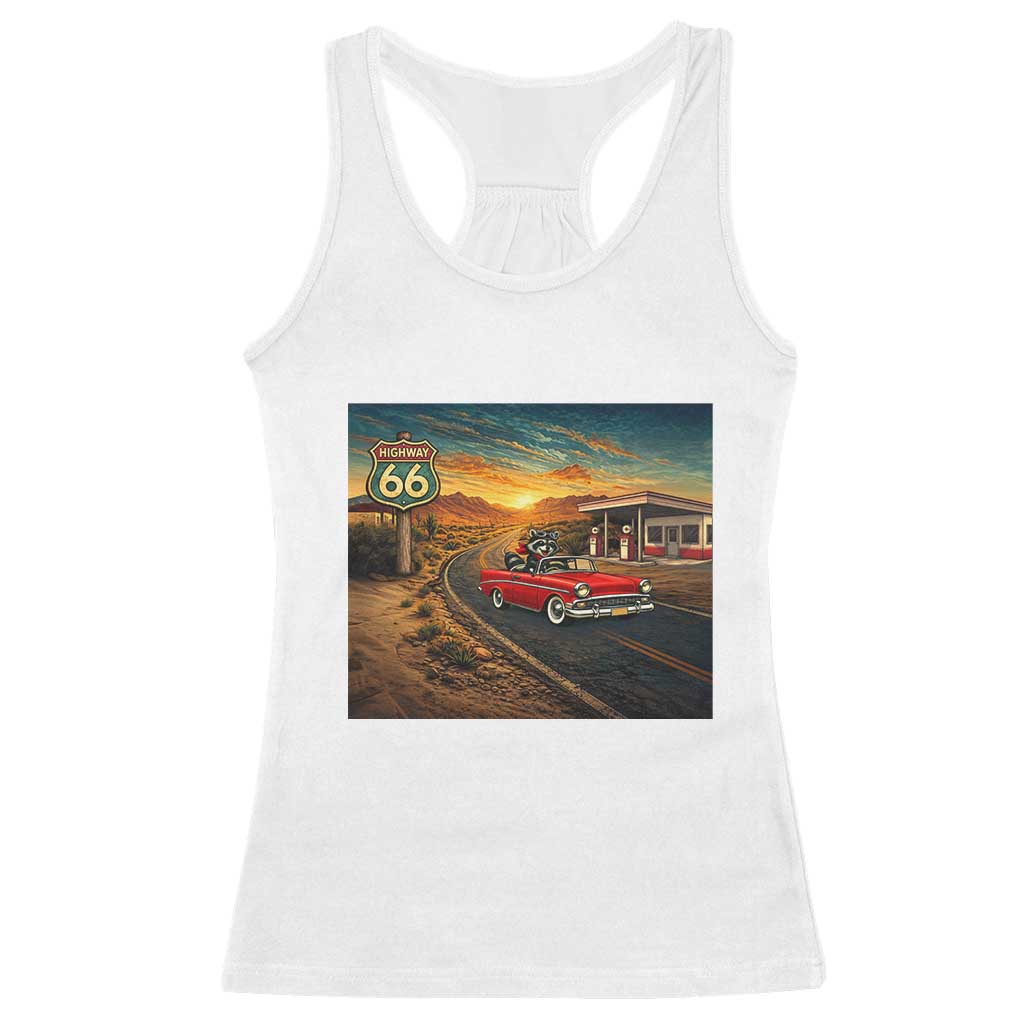 Route Highway 66 Raccoon Racerback Tank Top Americana Road Trip