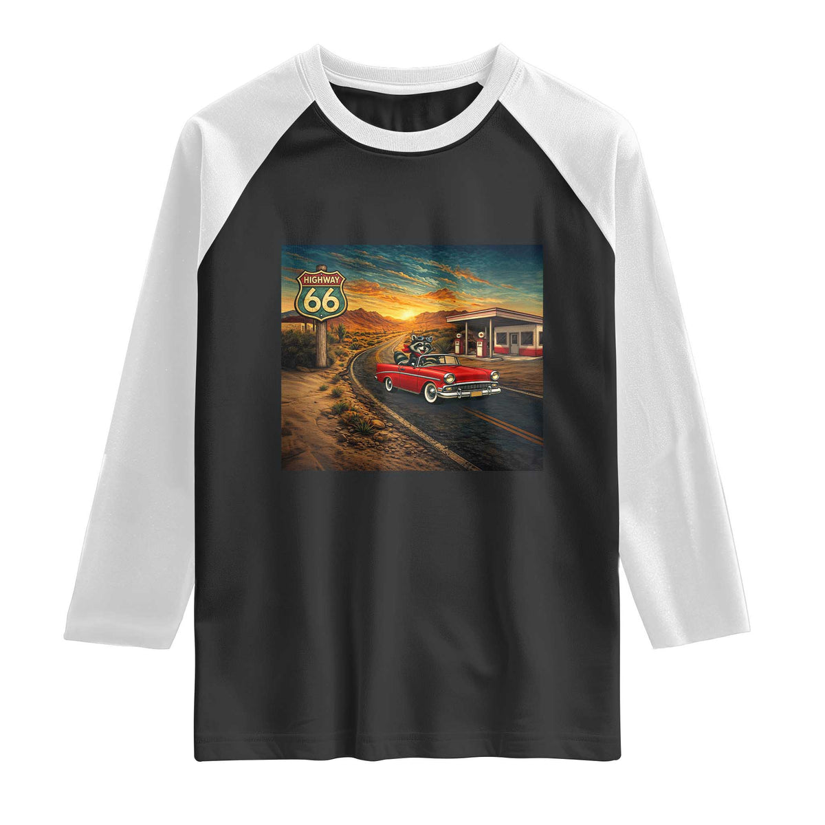 Route Highway 66 Raccoon Raglan Shirt Americana Road Trip