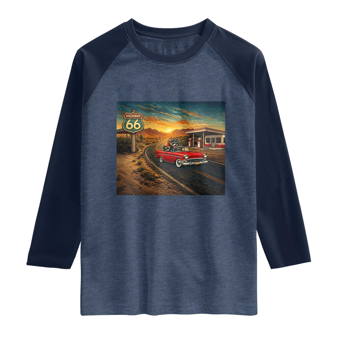 Route Highway 66 Raccoon Raglan Shirt Americana Road Trip
