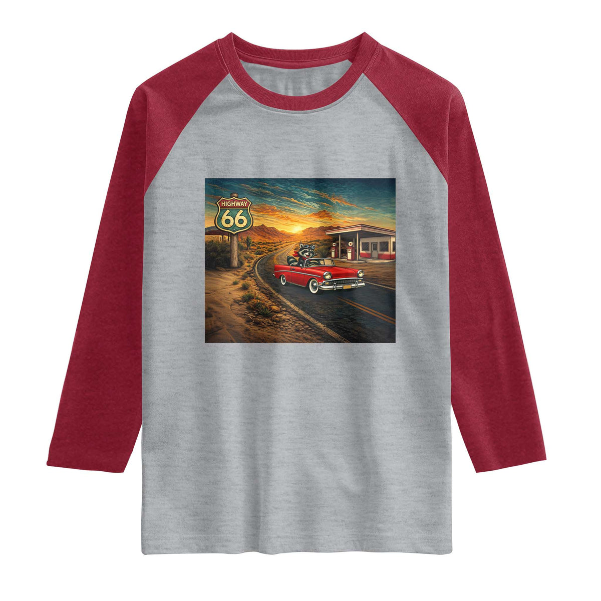Route Highway 66 Raccoon Raglan Shirt Americana Road Trip