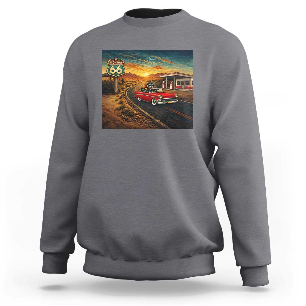 Route Highway 66 Raccoon Sweatshirt Americana Road Trip