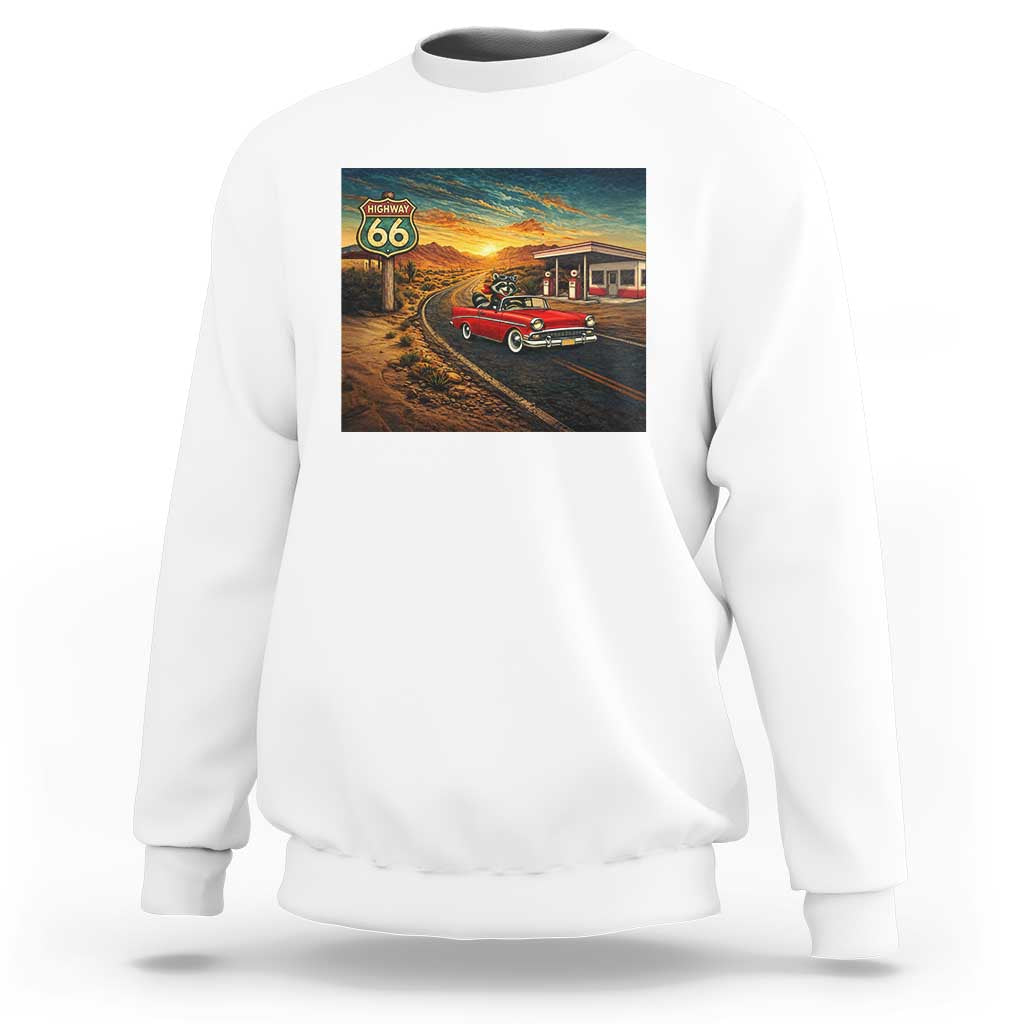 Route Highway 66 Raccoon Sweatshirt Americana Road Trip