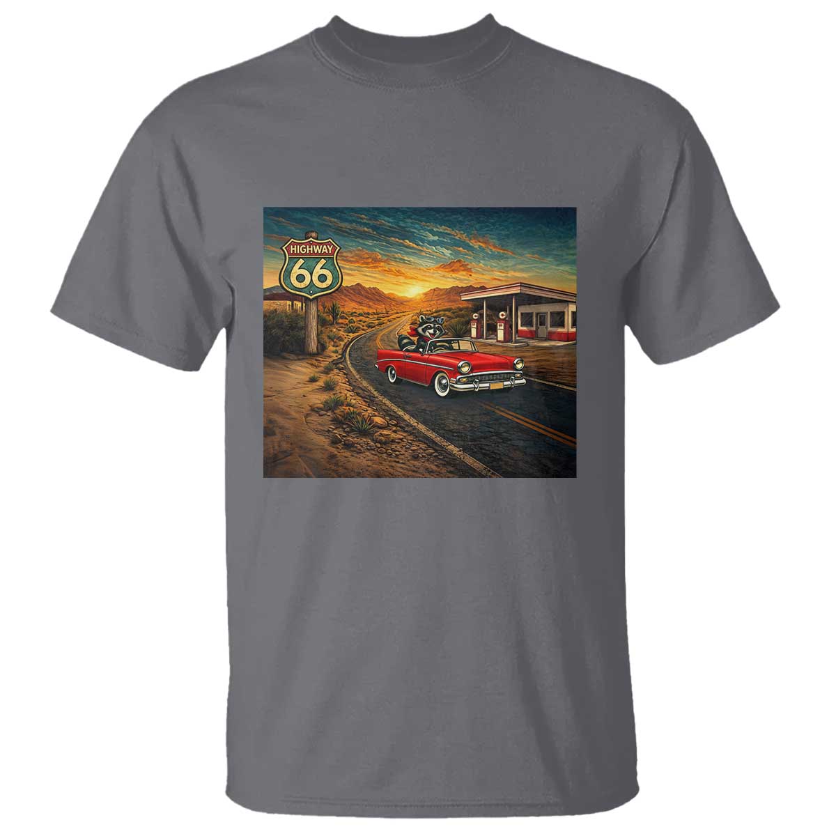 Route Highway 66 Raccoon T Shirt Americana Road Trip