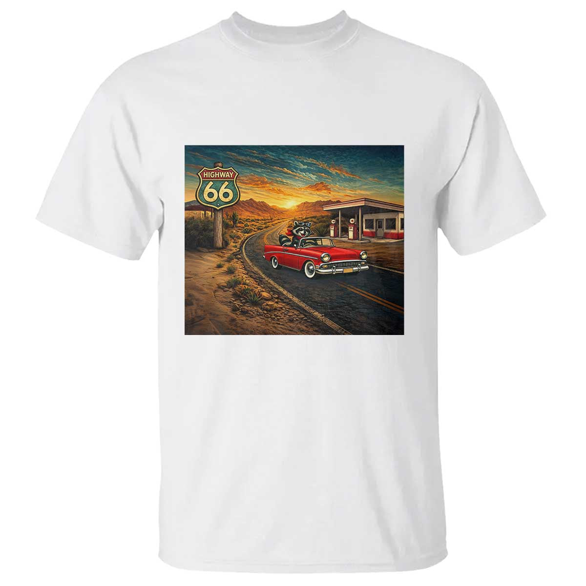 Route Highway 66 Raccoon T Shirt Americana Road Trip