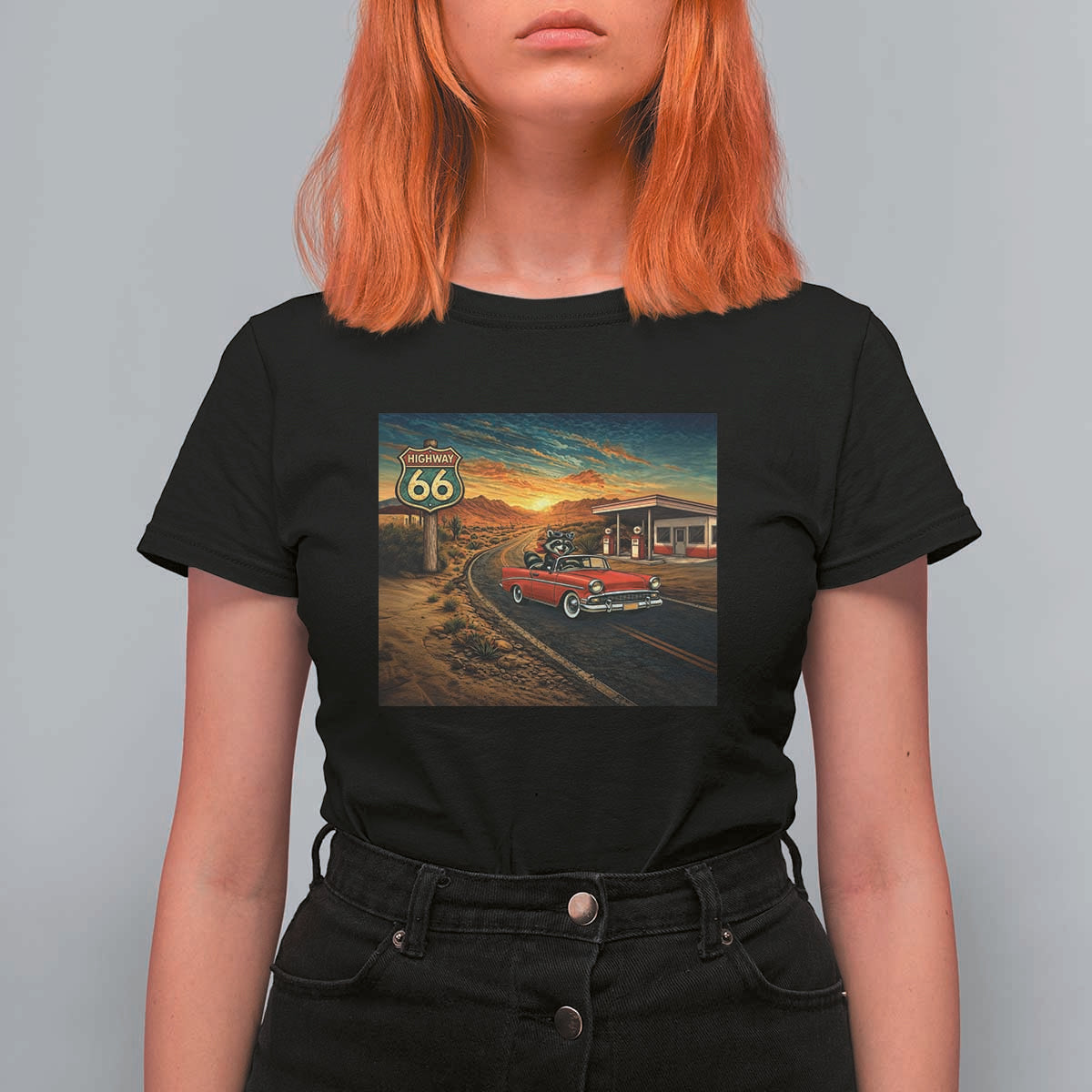 Route Highway 66 Raccoon T Shirt For Women Americana Road Trip