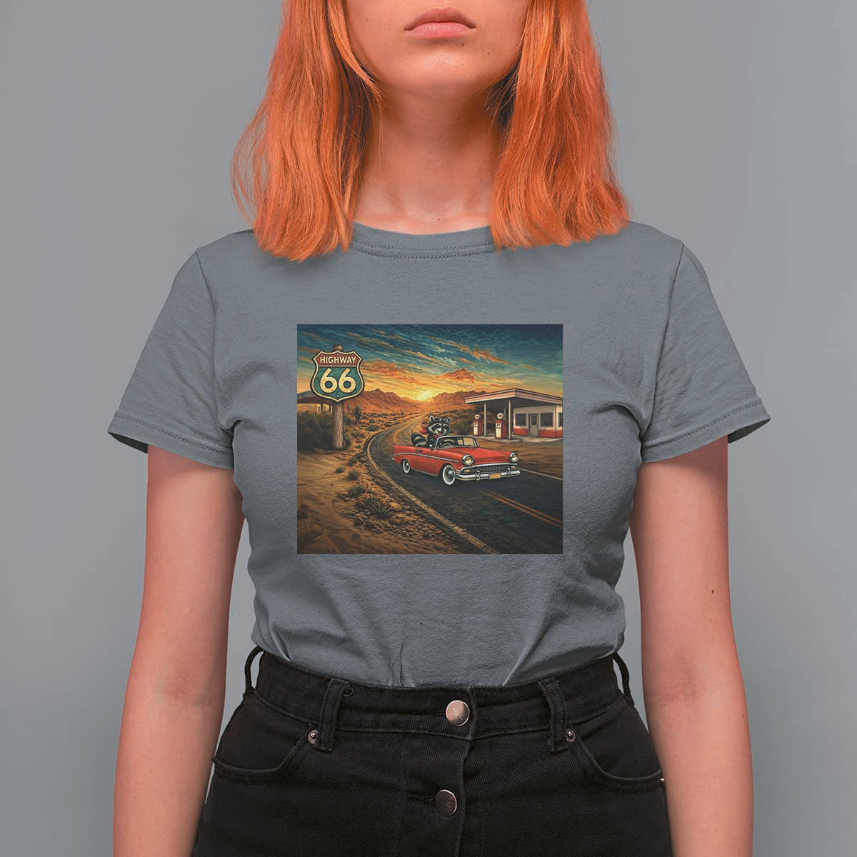 Route Highway 66 Raccoon T Shirt For Women Americana Road Trip