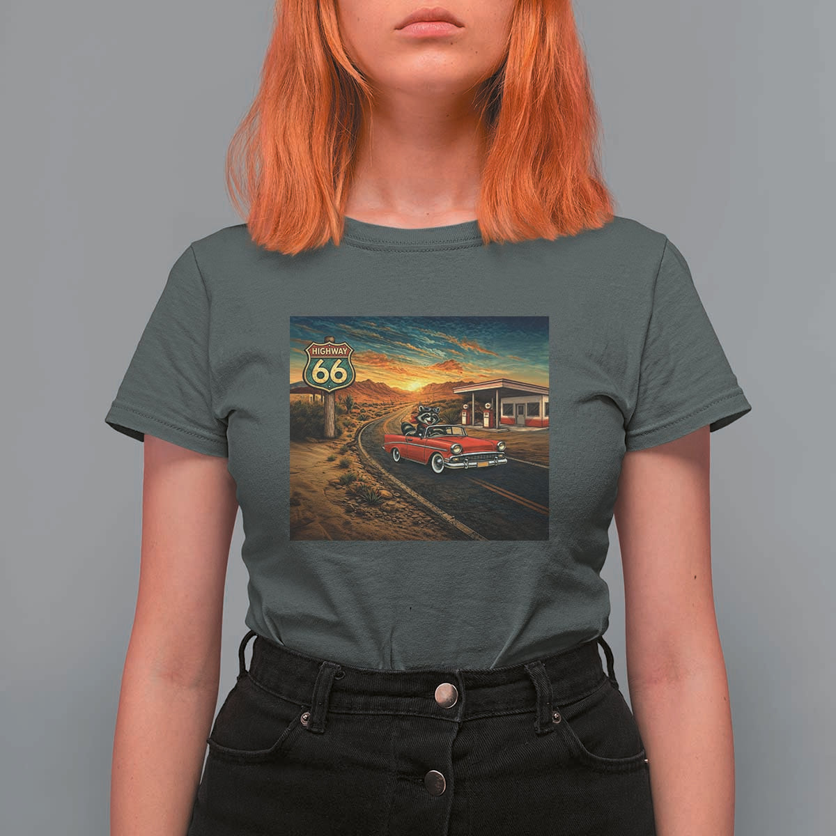 Route Highway 66 Raccoon T Shirt For Women Americana Road Trip