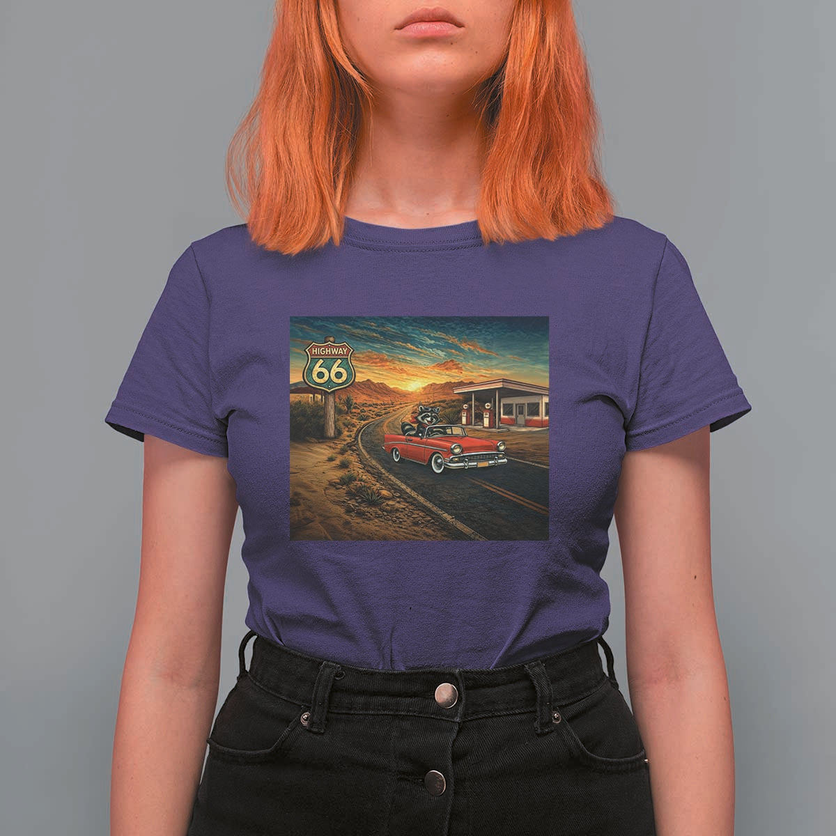 Route Highway 66 Raccoon T Shirt For Women Americana Road Trip
