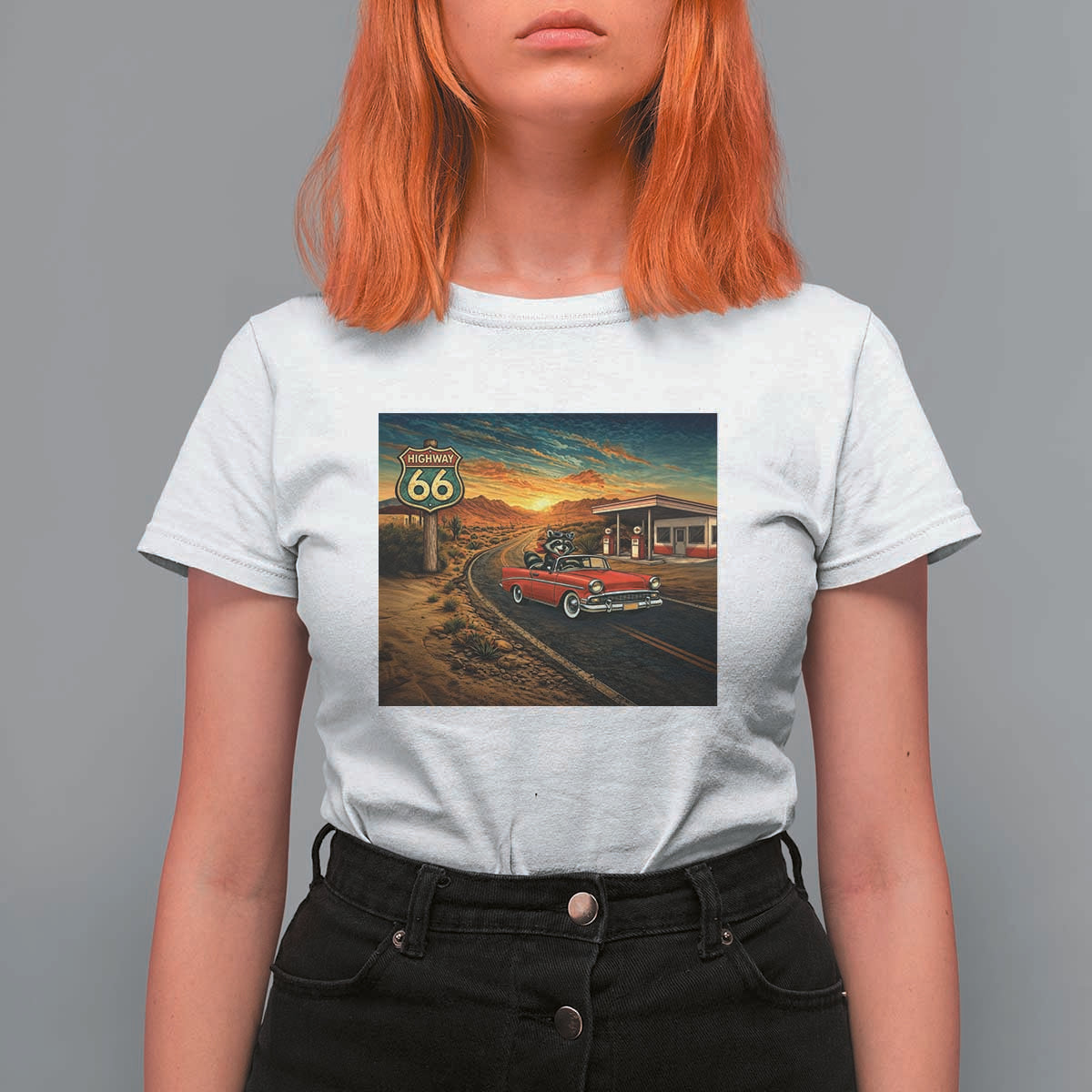 Route Highway 66 Raccoon T Shirt For Women Americana Road Trip