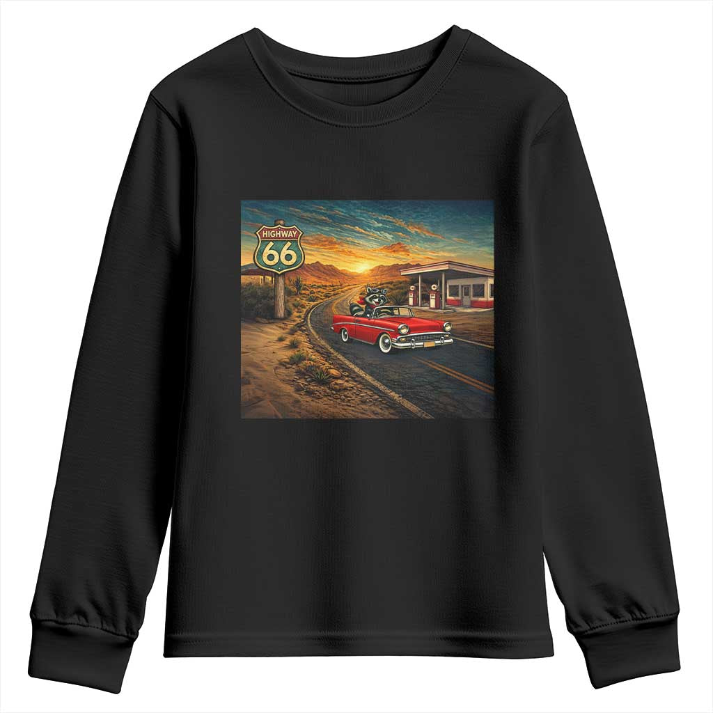 Route Highway 66 Raccoon Youth Sweatshirt Americana Road Trip