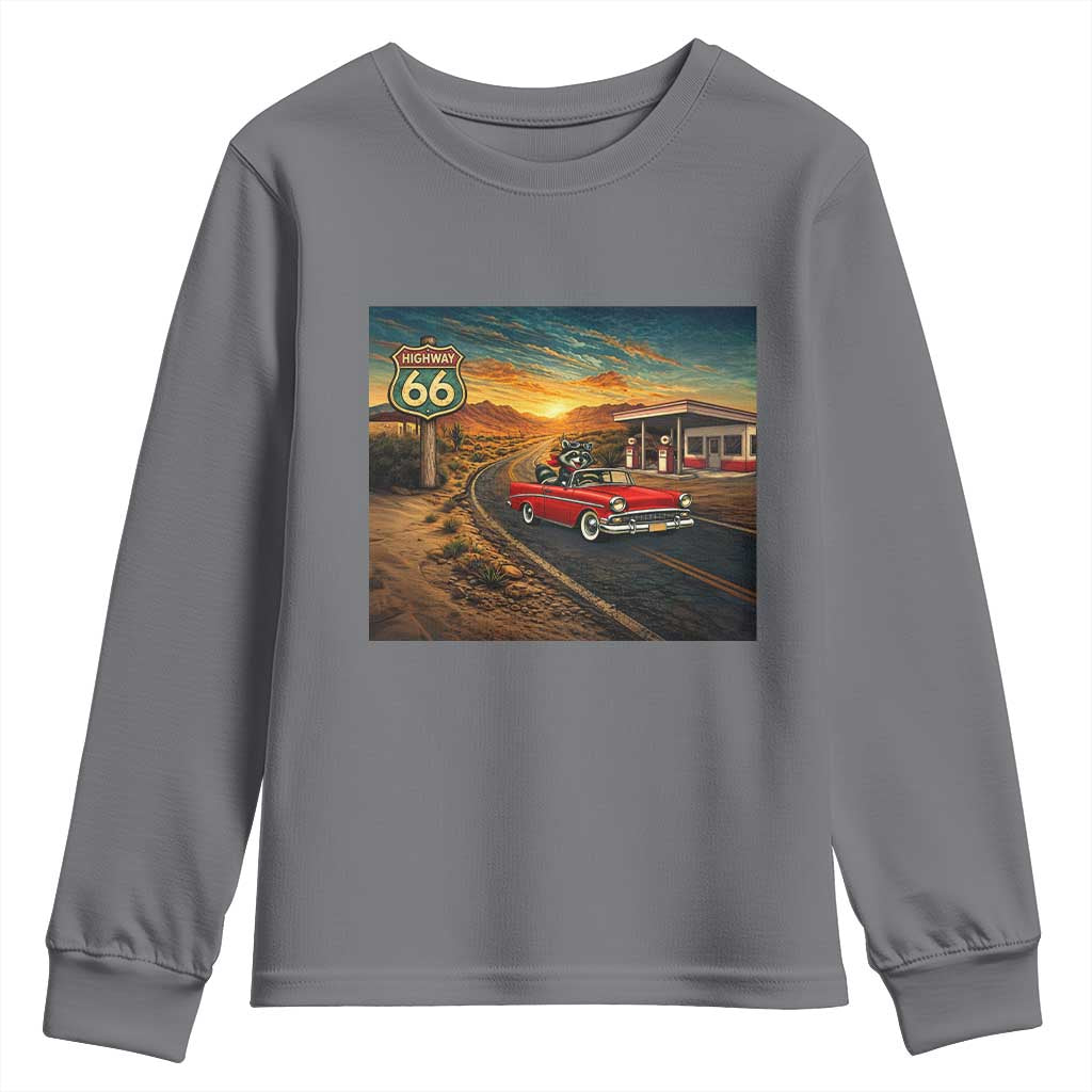 Route Highway 66 Raccoon Youth Sweatshirt Americana Road Trip