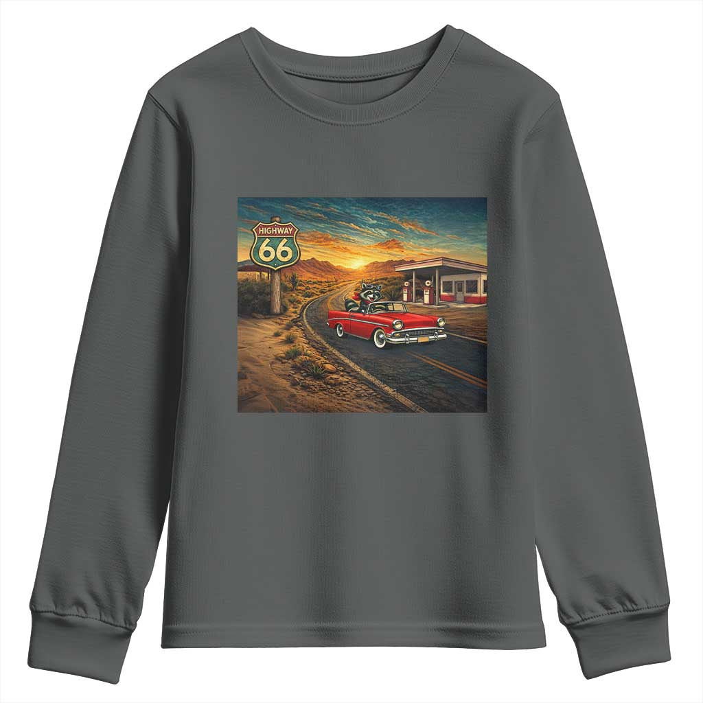 Route Highway 66 Raccoon Youth Sweatshirt Americana Road Trip