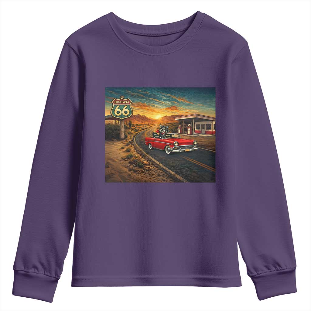 Route Highway 66 Raccoon Youth Sweatshirt Americana Road Trip