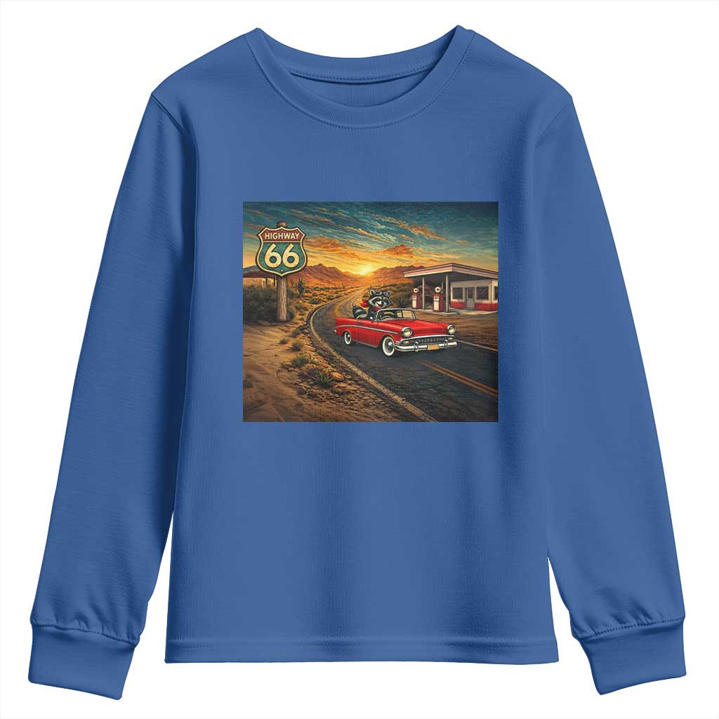 Route Highway 66 Raccoon Youth Sweatshirt Americana Road Trip