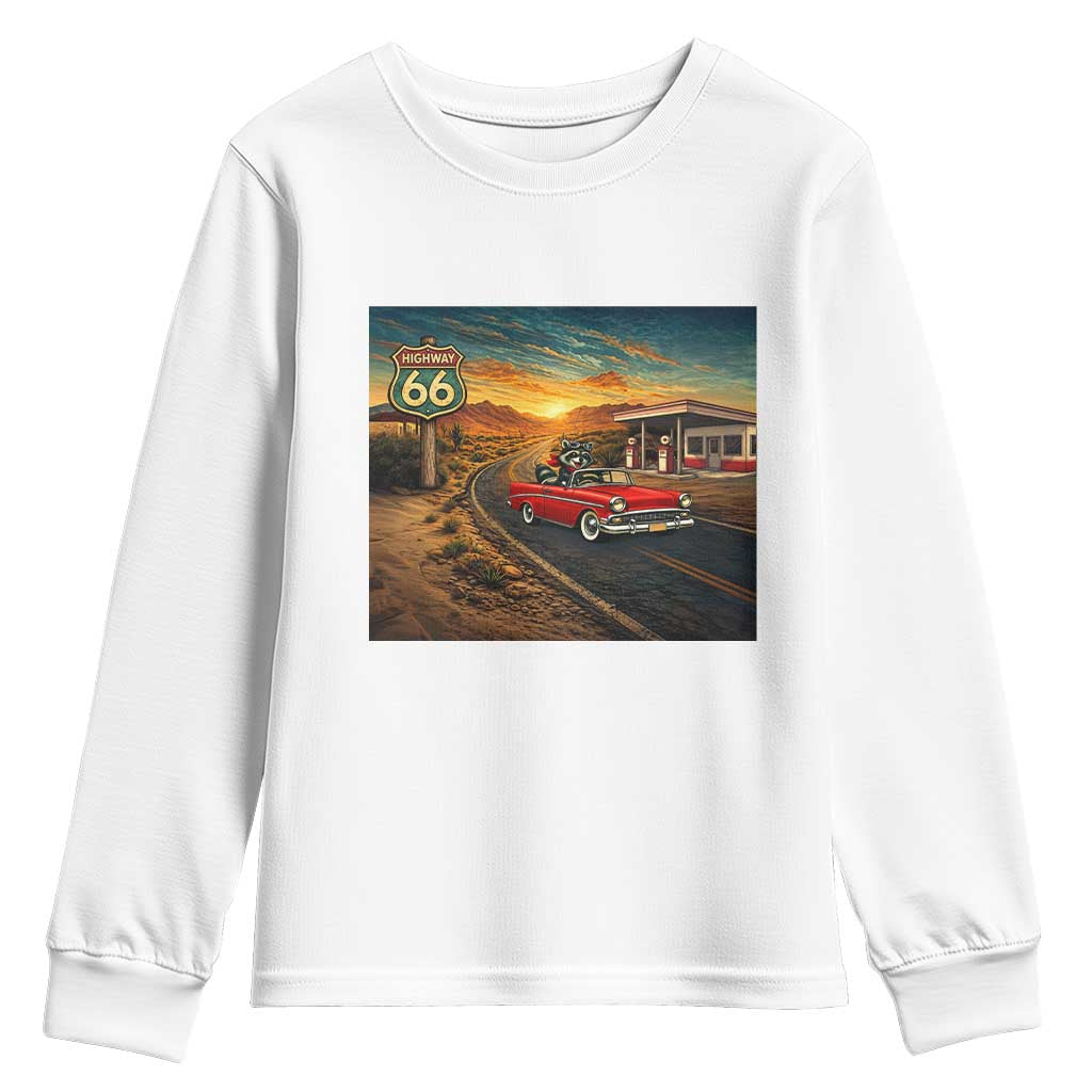 Route Highway 66 Raccoon Youth Sweatshirt Americana Road Trip
