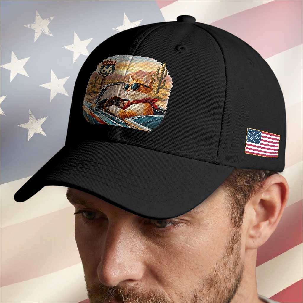 Route Highway 66 Cat Baseball Cap Americana Road Trip