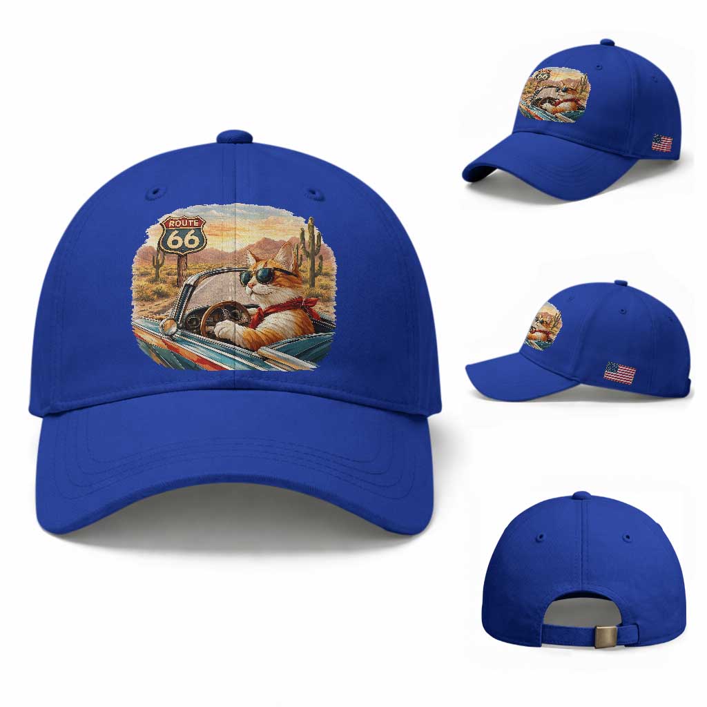 Route Highway 66 Cat Baseball Cap Americana Road Trip