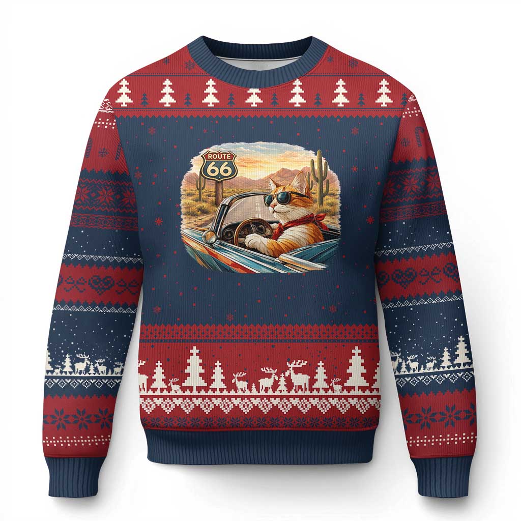 Route Highway 66 Cat Ugly Christmas Sweater Americana Road Trip