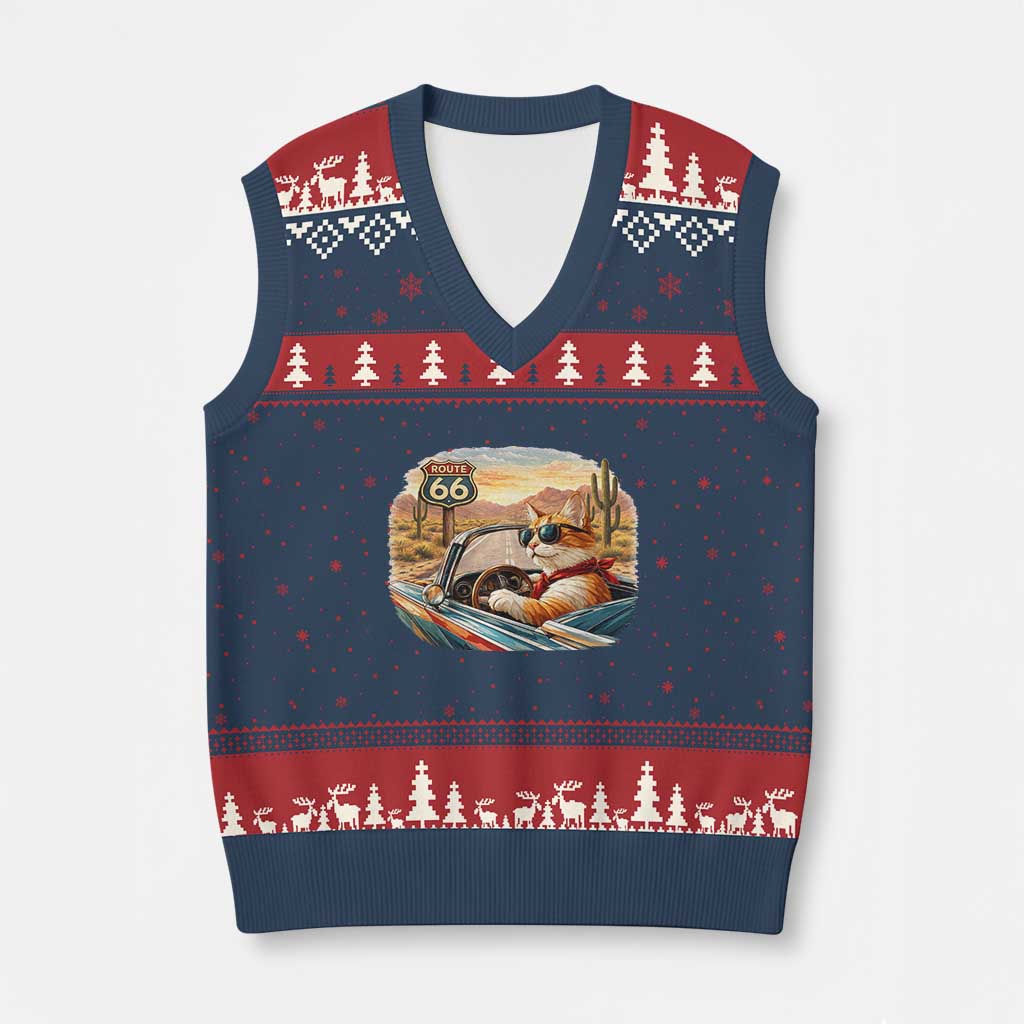 Route Highway 66 Cat V-Neck Knit Sweater Vest Americana Road Trip