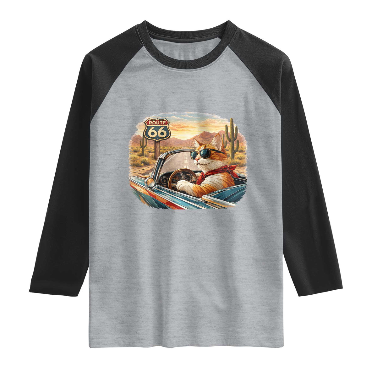 Route Highway 66 Cat Raglan Shirt Americana Road Trip