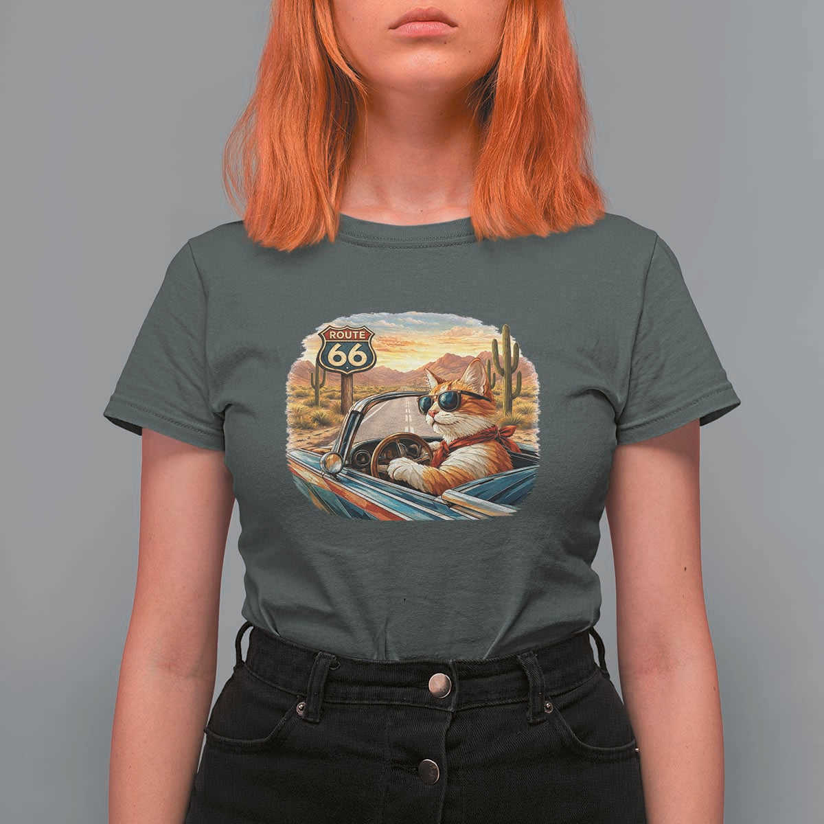 Route Highway 66 Cat T Shirt For Women Americana Road Trip