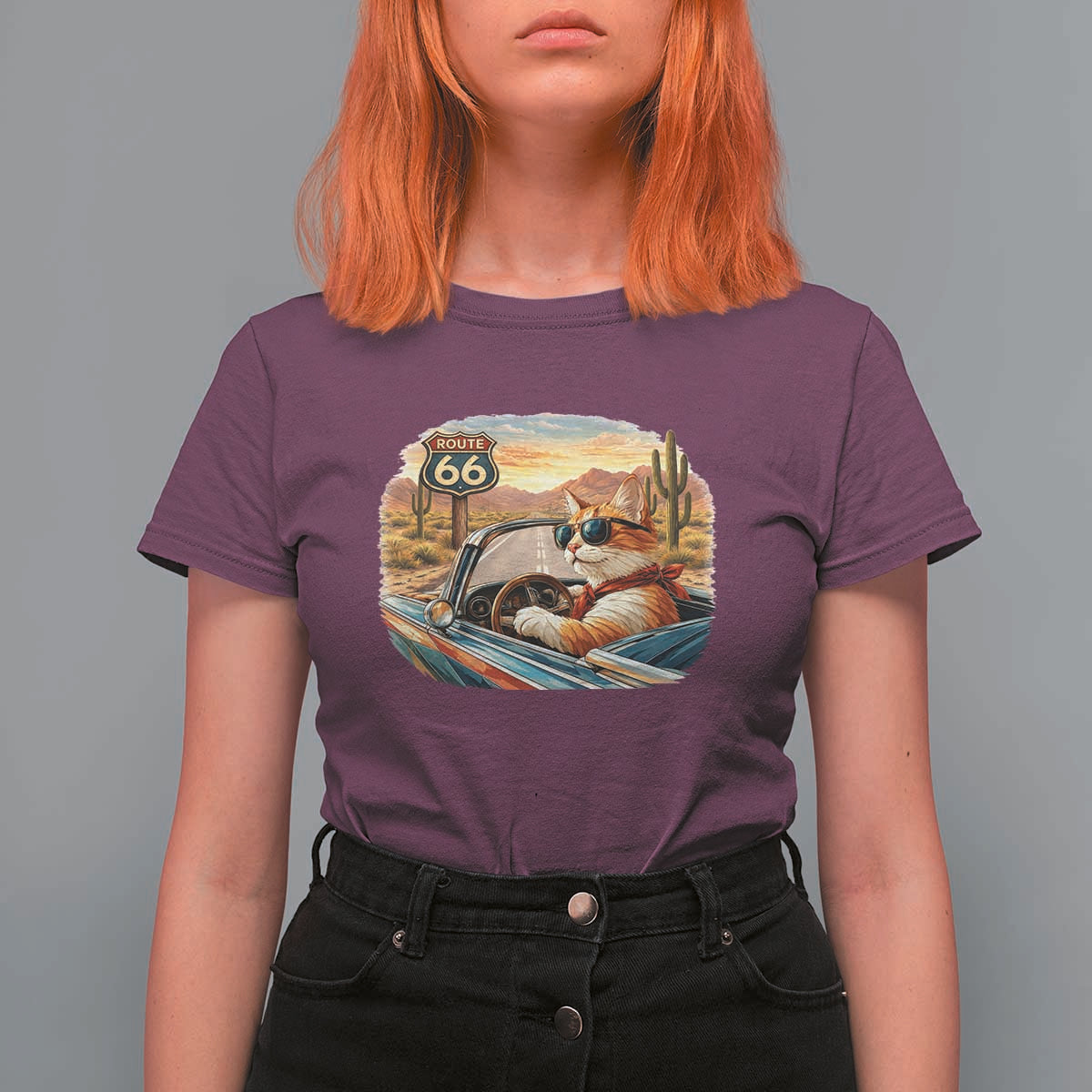 Route Highway 66 Cat T Shirt For Women Americana Road Trip