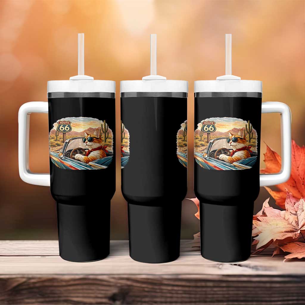 Route Highway 66 Cat Tumbler With Handle Americana Road Trip