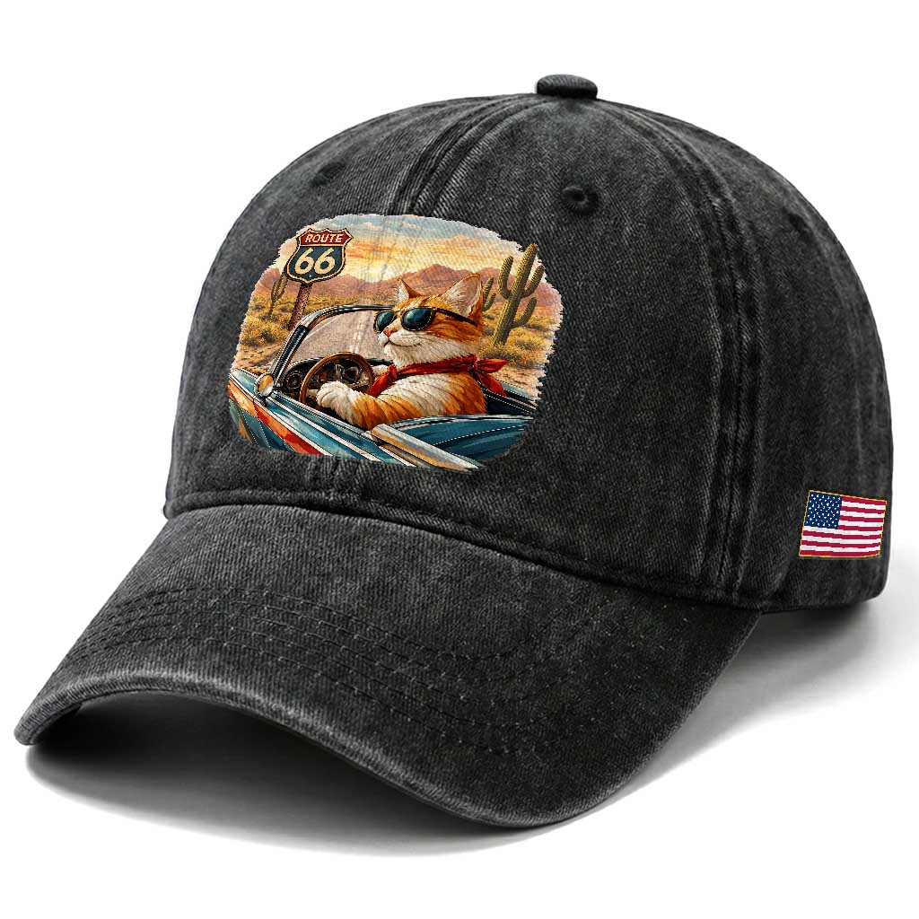 Route Highway 66 Cat Washed Cotton Baseball Cap Americana Road Trip