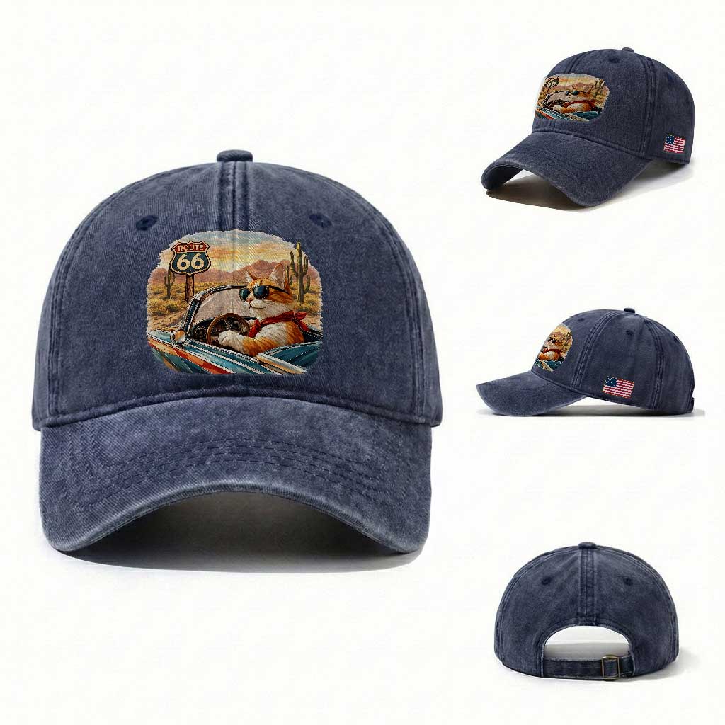 Route Highway 66 Cat Washed Cotton Baseball Cap Americana Road Trip