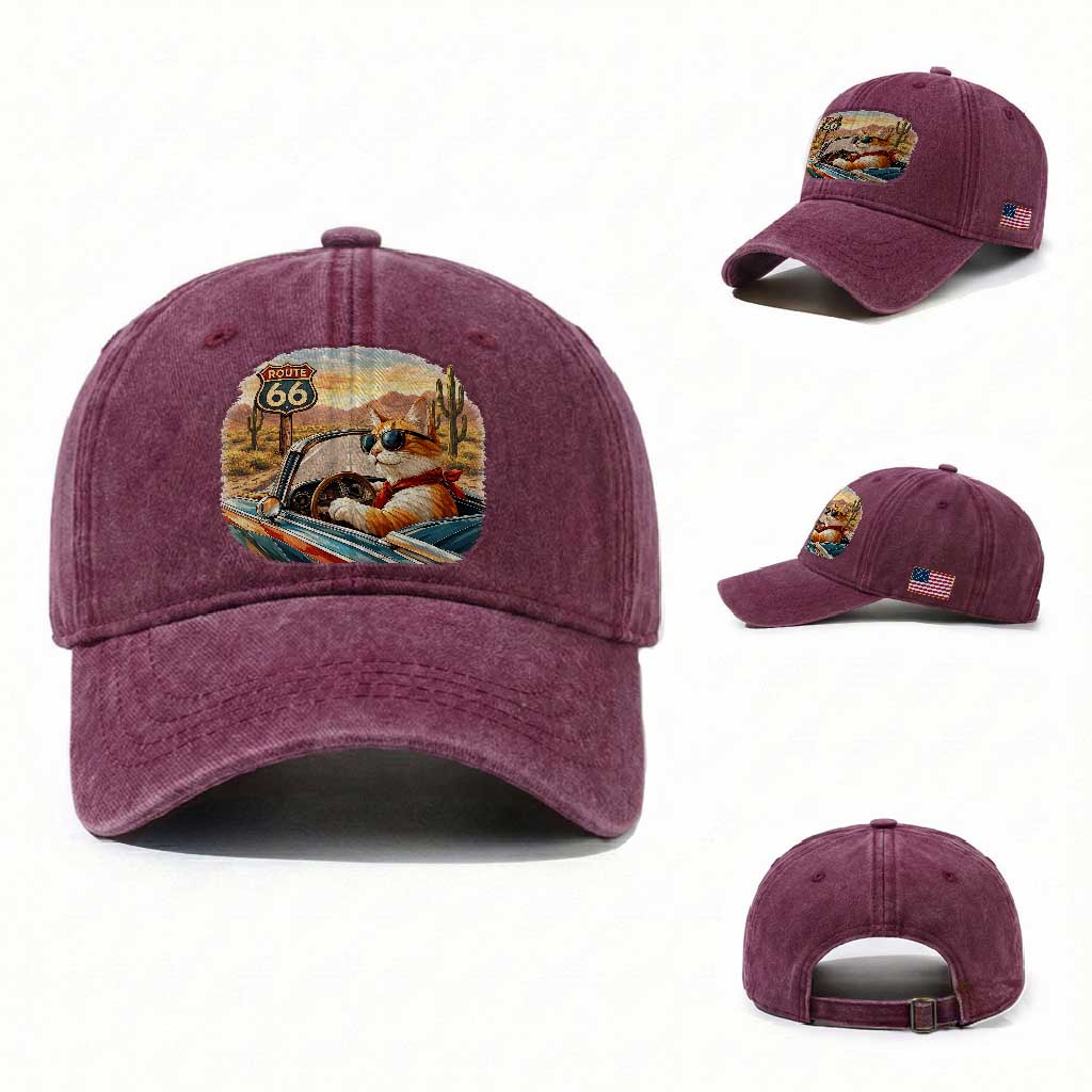 Route Highway 66 Cat Washed Cotton Baseball Cap Americana Road Trip