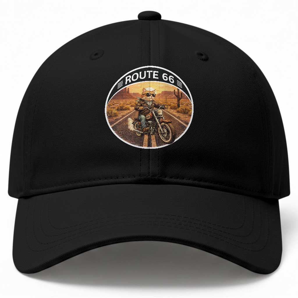 Route Highway 66 Motorcycle Cat Baseball Cap Road Trip Adventure