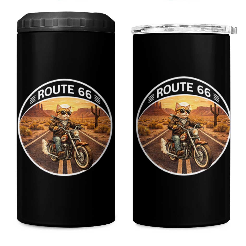 Route Highway 66 Motorcycle Cat 4 in 1 Can Cooler Tumbler Road Trip Adventure
