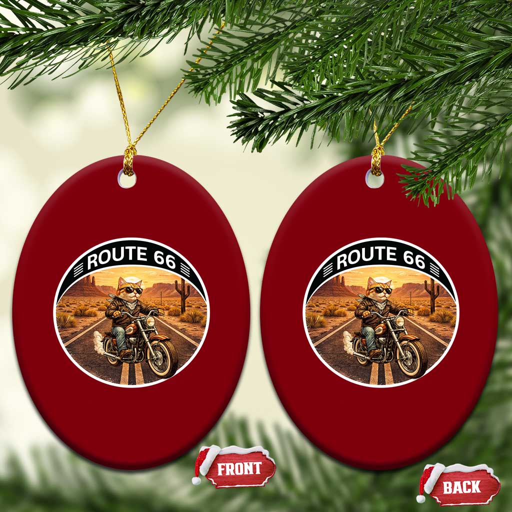 Route Highway 66 Motorcycle Cat Ceramic Ornament Road Trip Adventure