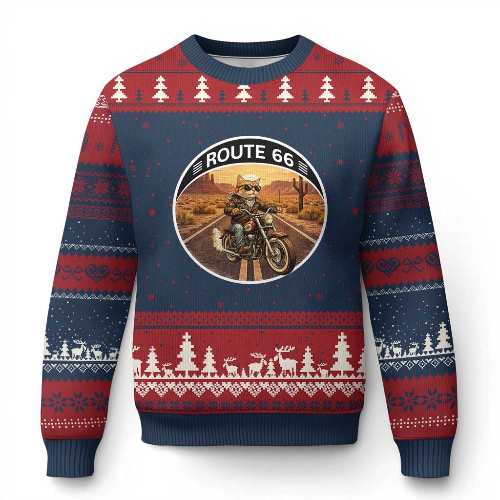 Route Highway 66 Motorcycle Cat Ugly Christmas Sweater Road Trip Adventure