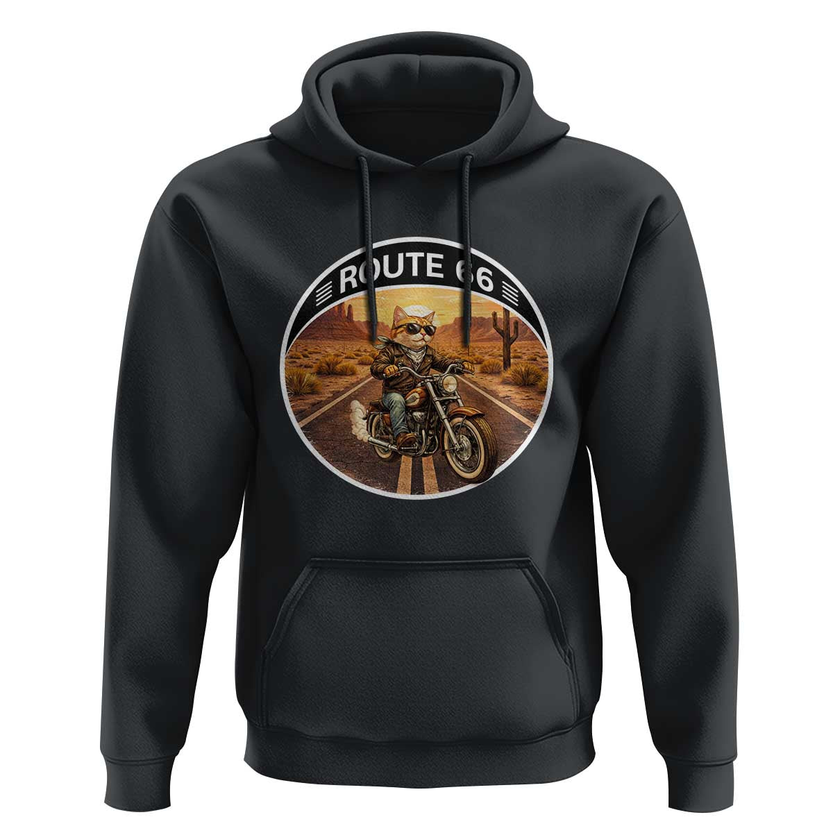 Route Highway 66 Motorcycle Cat Hoodie Road Trip Adventure