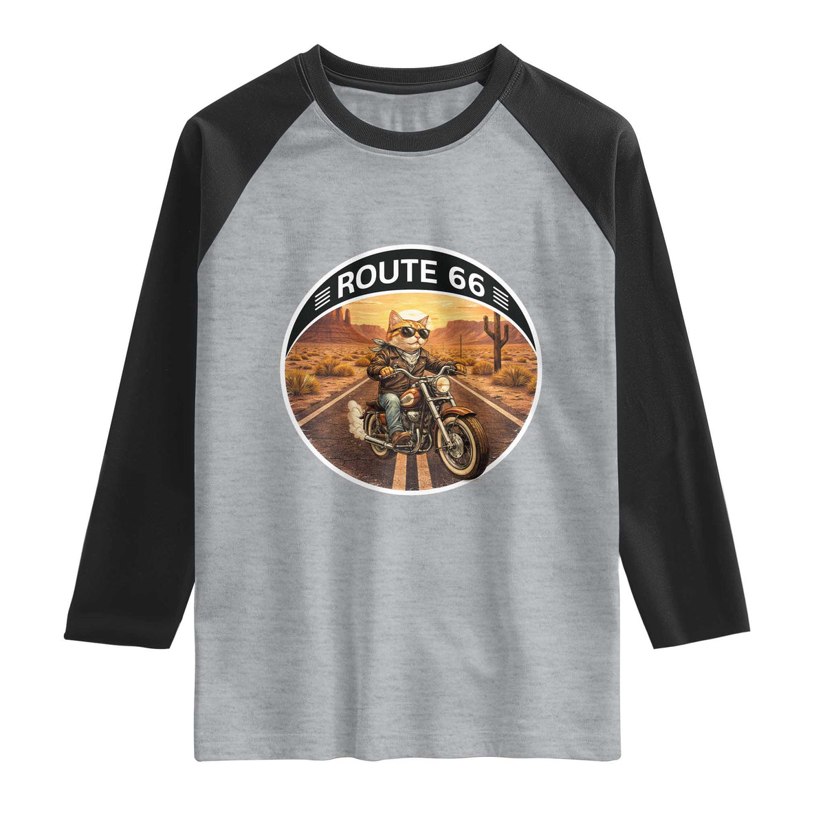 Route Highway 66 Motorcycle Cat Raglan Shirt Road Trip Adventure