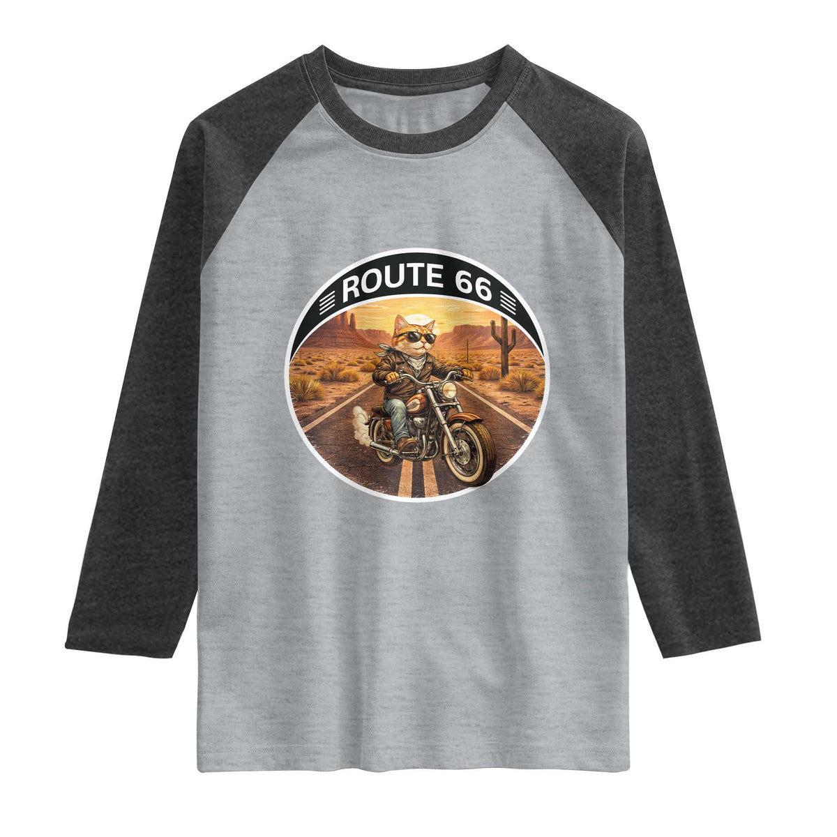 Route Highway 66 Motorcycle Cat Raglan Shirt Road Trip Adventure