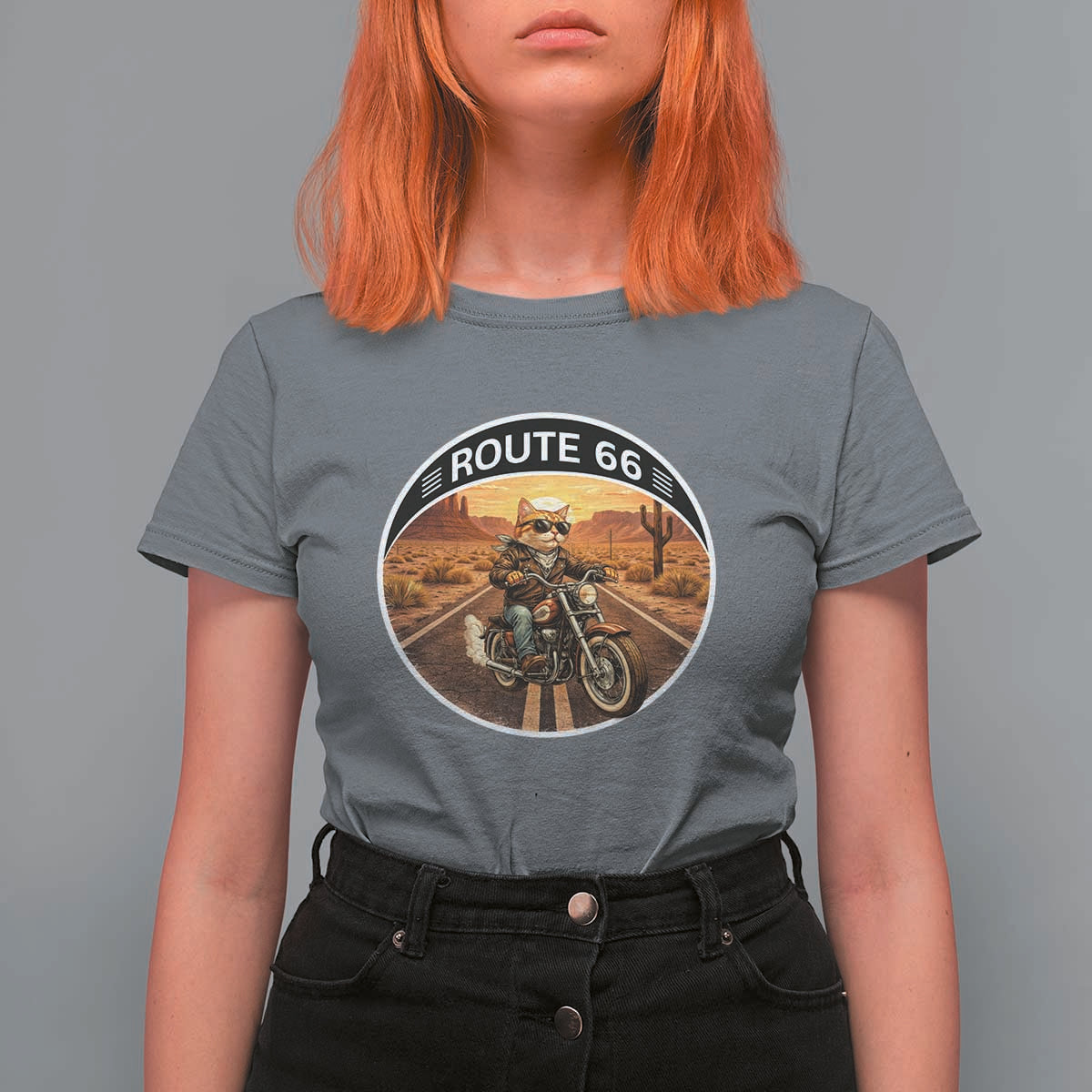 Route Highway 66 Motorcycle Cat T Shirt For Women Road Trip Adventure