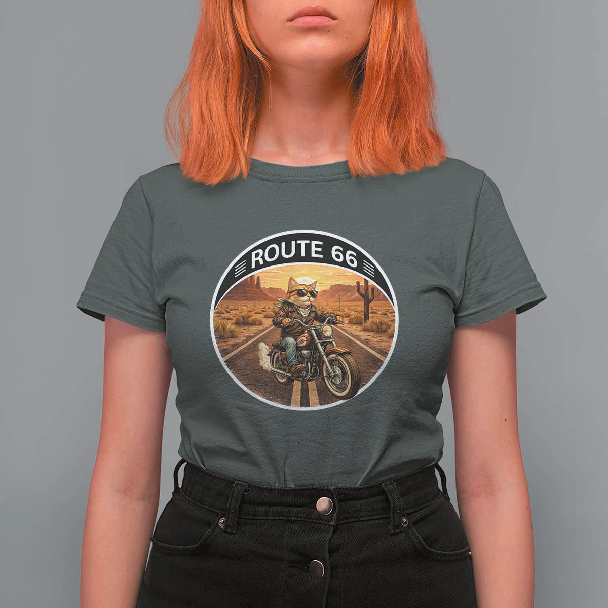 Route Highway 66 Motorcycle Cat T Shirt For Women Road Trip Adventure
