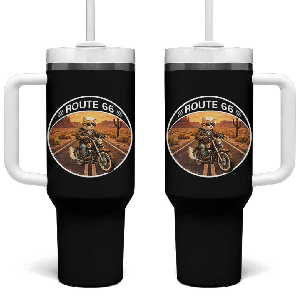 Route Highway 66 Motorcycle Cat Tumbler With Handle Road Trip Adventure