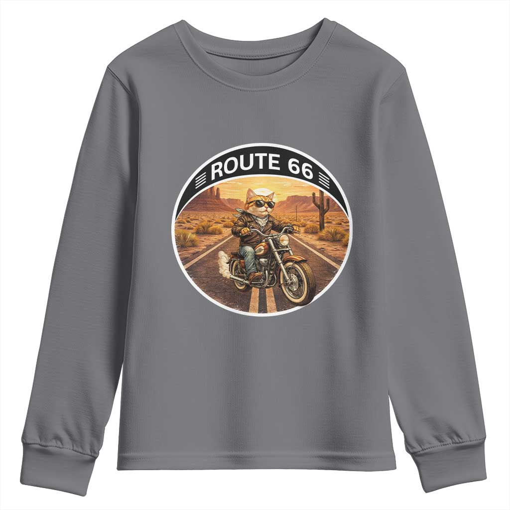 Route Highway 66 Motorcycle Cat Youth Sweatshirt Road Trip Adventure