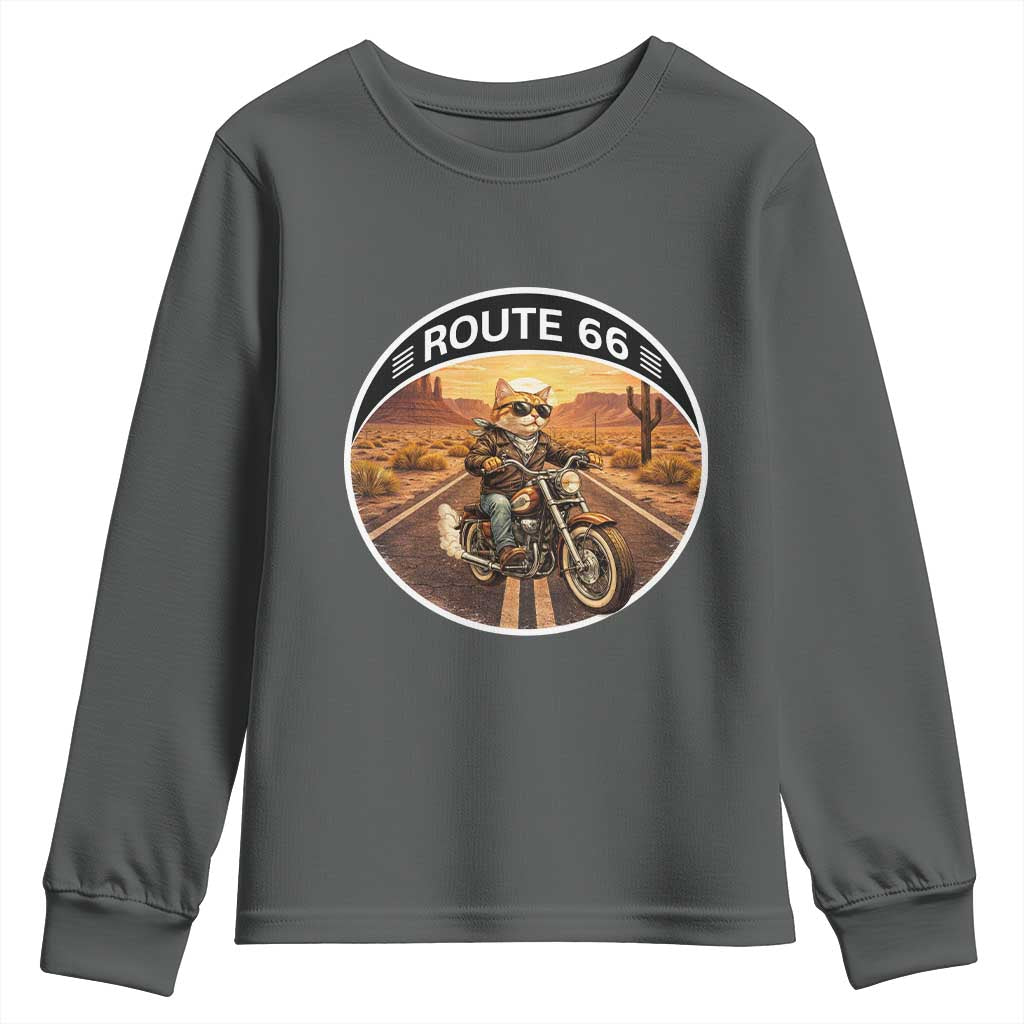 Route Highway 66 Motorcycle Cat Youth Sweatshirt Road Trip Adventure