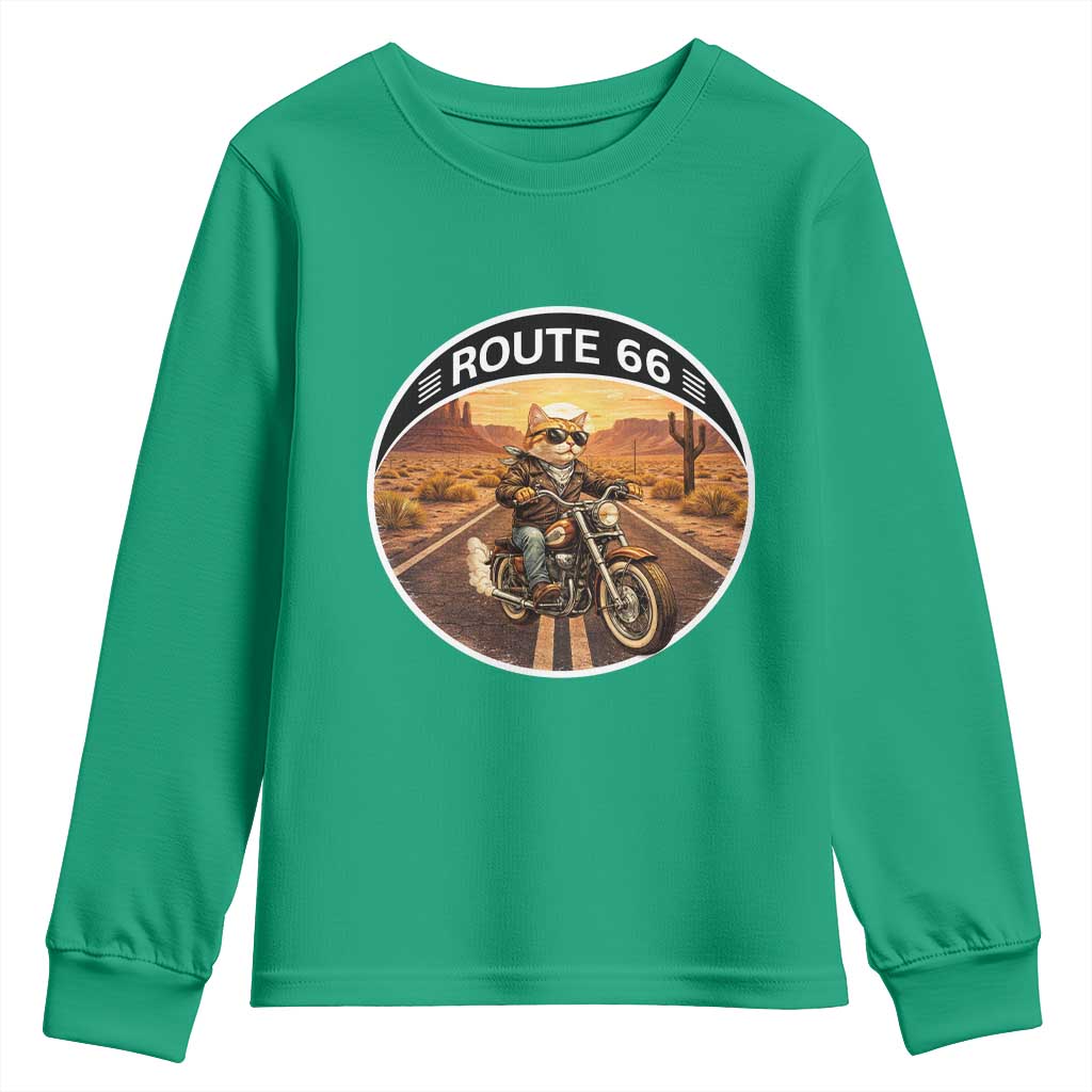 Route Highway 66 Motorcycle Cat Youth Sweatshirt Road Trip Adventure