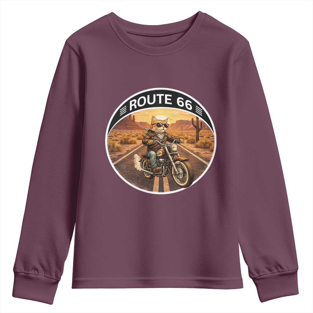Route Highway 66 Motorcycle Cat Youth Sweatshirt Road Trip Adventure