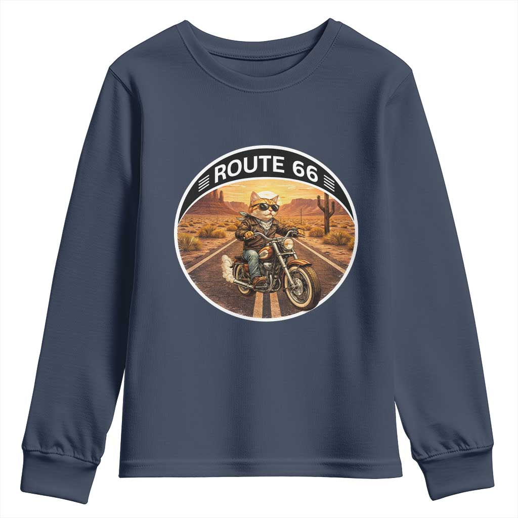Route Highway 66 Motorcycle Cat Youth Sweatshirt Road Trip Adventure