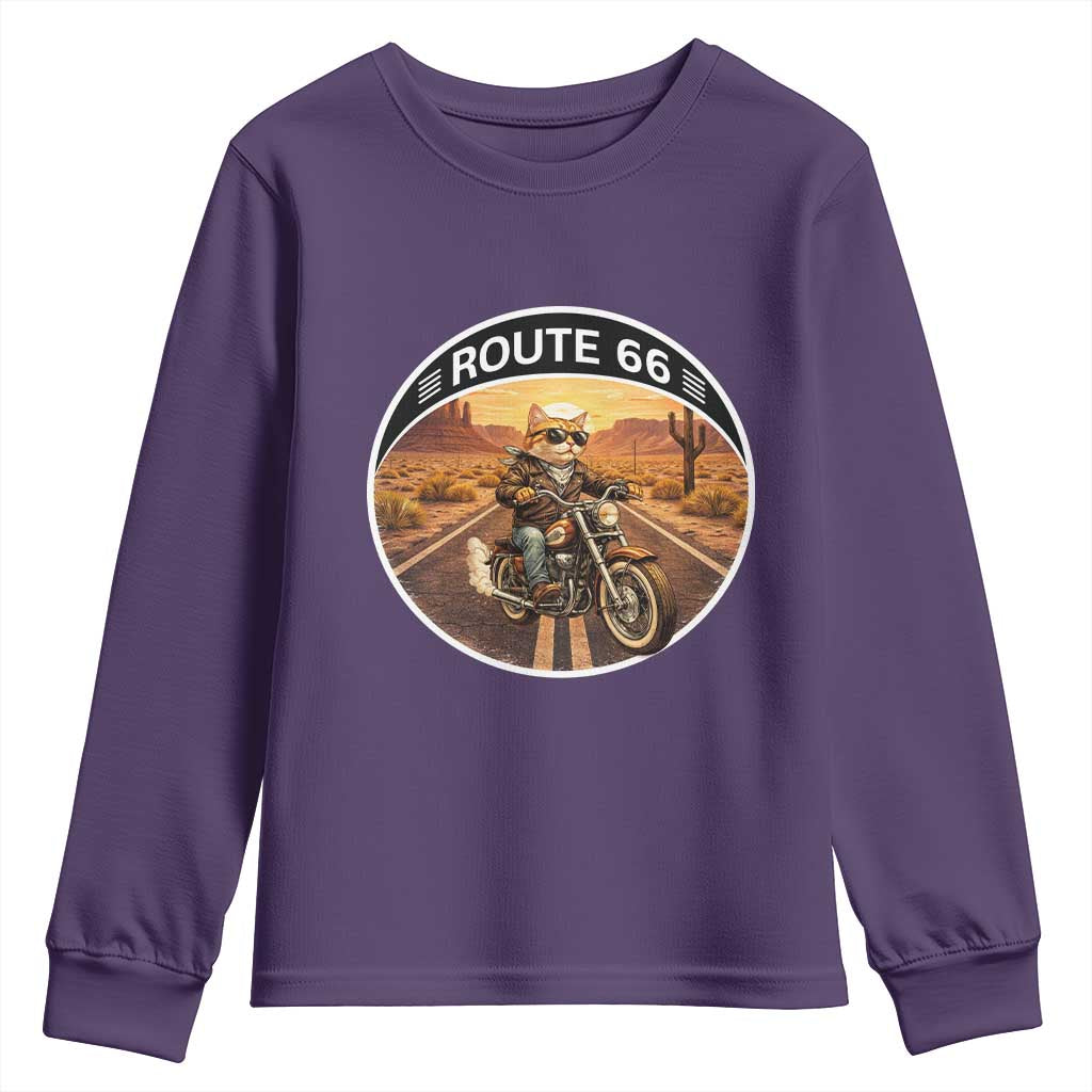 Route Highway 66 Motorcycle Cat Youth Sweatshirt Road Trip Adventure