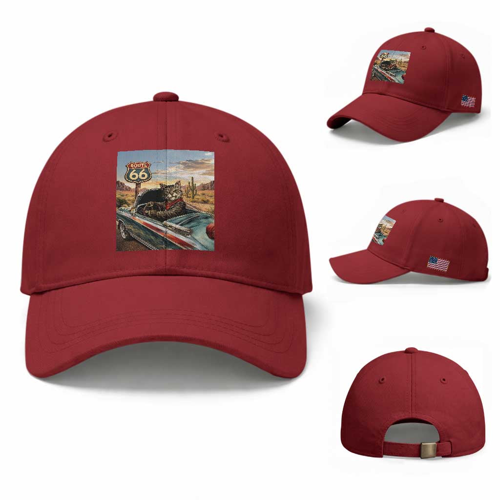 Funny Route Highway 66 Cat Lover Baseball Cap Mother Road Travel Gift